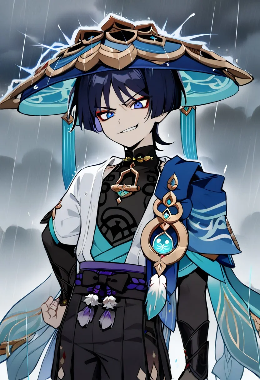 (1boy, scaramouche, wanderer \(genshin impact\), genshin impact, smirk, cloudy sky, rain, thunder, badass, masterpiece)