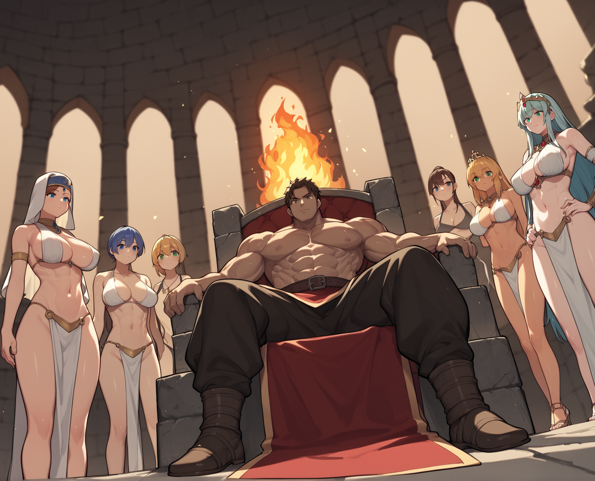 score_9, score_8_up, score_7_up, source_anime, BREAK 5girls, 1boy, wide angle shot, king, harem, harem outfits, muscular male, warrior king, great hall, fire, stone walls, throne, priestess, <lora:Harem_King_Pose:0.8>, rating_questionable