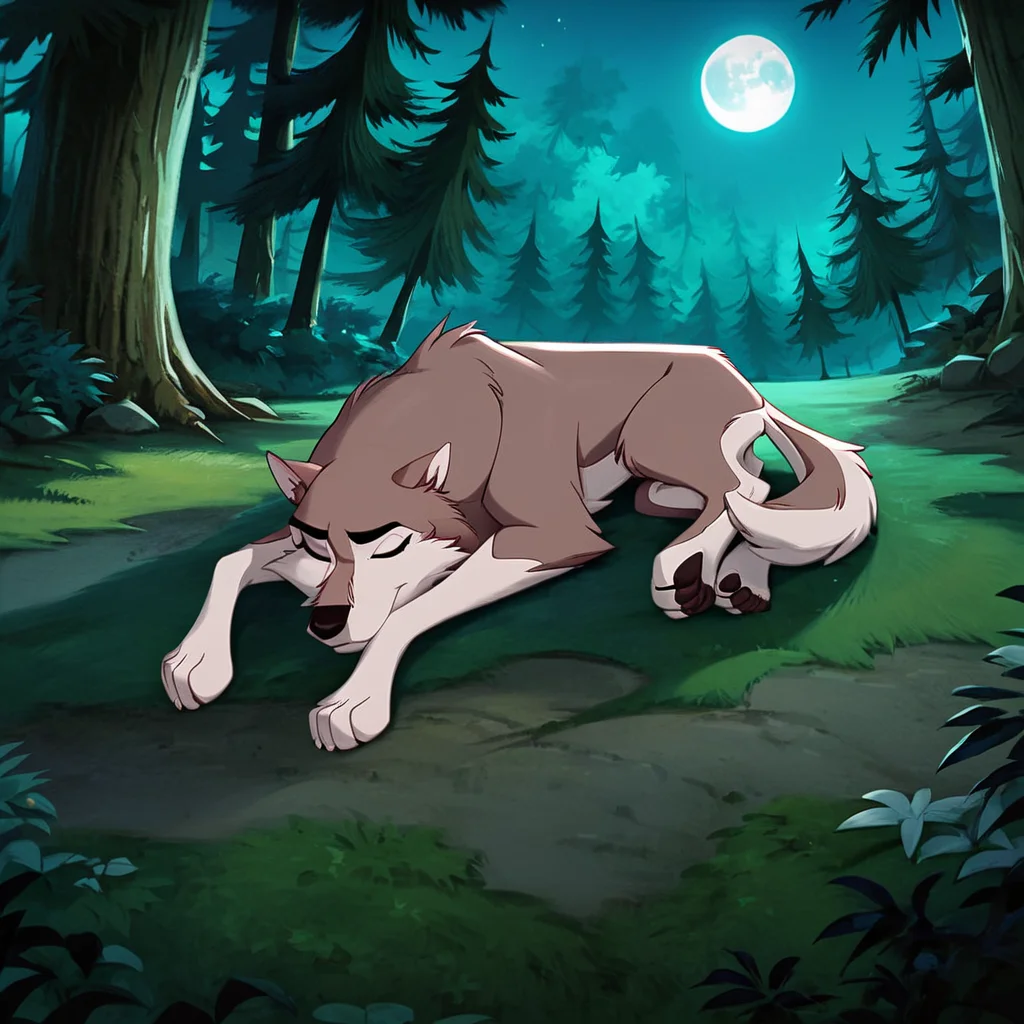 score_9, score_8_up, score_7_up, score_6_up, score_5_up, score_4_up, <lora:Aleu:1>, aleu, solo, full body, outdoors, no humans, night, dog, animal focus, white fur, 1girl, wolf, animal, body fur, two tone fur, trees, moon, forest, closed eyes, laying down, sleeping,