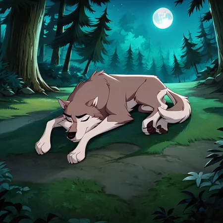 score_9, score_8_up, score_7_up, score_6_up, score_5_up, score_4_up, <lora:Aleu:1>, aleu, solo, full body, outdoors, no humans, night, dog, animal focus, white fur, 1girl, wolf, animal, body fur, two tone fur, trees, moon, forest, closed eyes, laying down, sleeping,