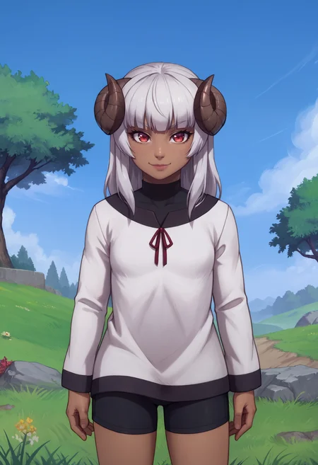 zPDXL, 1girl, solo, BREAK
felm, horns, dark-skinned female, small breasts,
white dress, black shorts, long sleeves,
standing, cowboy shot,
outdoors, grass, tree, blue sky,
<lora:latex-princess-ot6-1560:0.8> <lora:felm-pony-kohya10-000009:0.8>