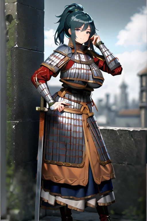 wh_chi_armor, scale_armor, (masterpiece:1.1025), (best quality:1.05), (an extremely delicate and beautiful:1.05), (extremely detailed CG unity 8k wallpaper:1.05), (absurdres:1.05), (ultra-detailed:1.05), (1girl:1.1), full body, standing, hand on hip, smile, sword, sheath, armor, (green trim:1.4), swept bangs, beautiful detailed long black hair, solo, detailed background, depth of field, cloudy sky, fortress, city wall, armored boots, large breasts, <hypernet:anime:1>
