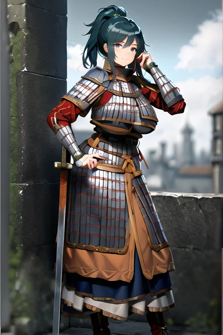 wh_chi_armor, scale_armor, (masterpiece:1.1025), (best quality:1.05), (an extremely delicate and beautiful:1.05), (extremely detailed CG unity 8k wallpaper:1.05), (absurdres:1.05), (ultra-detailed:1.05), (1girl:1.1), full body, standing, hand on hip, smile, sword, sheath, armor, (green trim:1.4), swept bangs, beautiful detailed long black hair, solo, detailed background, depth of field, cloudy sky, fortress, city wall, armored boots, large breasts, <hypernet:anime:1>