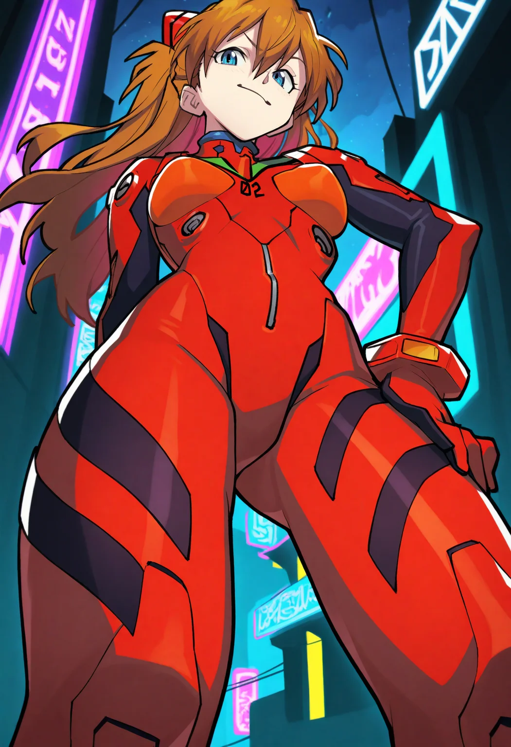 best quality, amazing quality, very aesthetic, absurdres,
BREAK
1girl, asuka langley, red plugsuit, standing, smug, looking at viewer, futuristic background, neon light , buildings, night,  <lora:Hata4564Noob_byKonan:1>