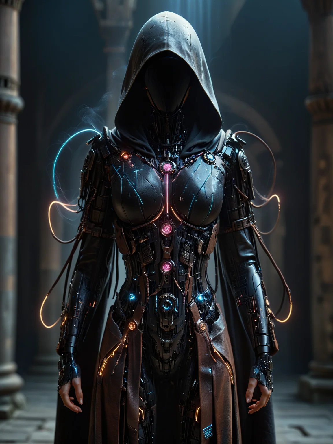 noface, cyborg, hermeticwizard, cyberpunk, hooded robe, neonbody, lightstreak, close-up, portrait, magic runes floating in the air, dynamic pose, ancient temple, dust, steam, light rays <lora:Faceless_Cyborgs:0.8> <lora:Cyberpunk_Techno-Mages_SDXL:0@0,0.5@0.25> <lora:Neon_Cyberpunk_SDXL:0@0,0.8@0.5>, <lora:EnvyBetterHiresFixXL01:1>, masterpiece, best quality, ultra high res, (photorealistic, realistic:1.2), deep shadow, raw photo, film grain, Fujifilm XT3, 8k uhd, dslr