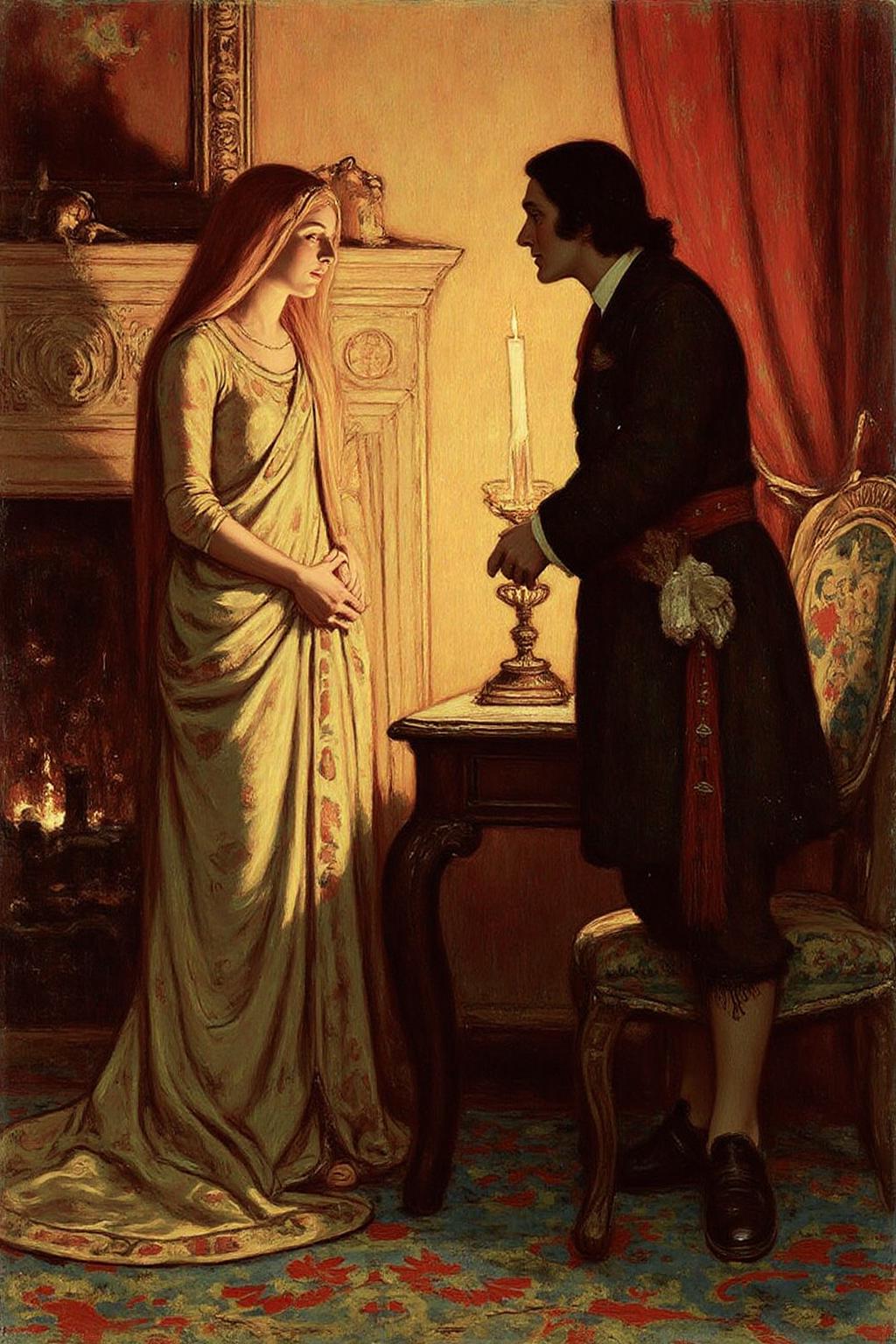 hopy1 illustration.
The scene is set in a dimly lit, ornate room with a warm, golden glow, suggesting a fireplace or candlelight. On the left is a woman draped in a veil. On the right is the side view of a man looking at her. <lora:hopy1_cap_d6a3e12:1.0><lora:826166156856574642:0>