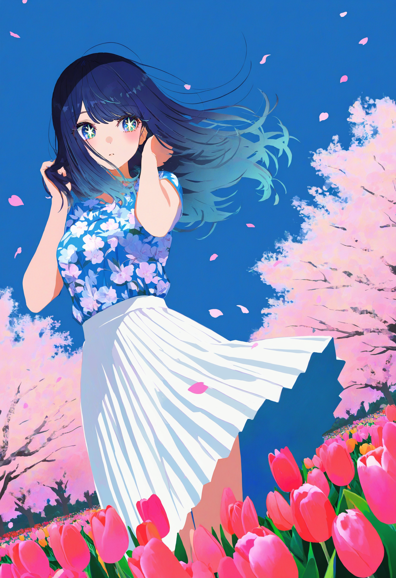 blending, flat color, no lineart, negative space,
artist:[john kafka|ponsuke kaikai|hara id 21|yoneyama mai|lam \(ramdayo\)|fuzichoco],
flower field, tulip, kurokawa akane, 1girl, blue hair, blue eyes, cowboy shot, star-shaped pupils, pleated skirt, long skirt, white skirt, outdoors, blue sky, tree shade, leaf, leaf print, floral print, floral print dress, wind, floating hair, pink petals, hair over eyes, hand in own hair, looking to the side, blush, branch, foreshortening, dutch angle, 
masterpiece, best quality, very awa, absurdres
<lora:noobai_vpred_1_flower_field_v1:1>
<lora:noobai_vpred_1_masterpieces_v1:1>