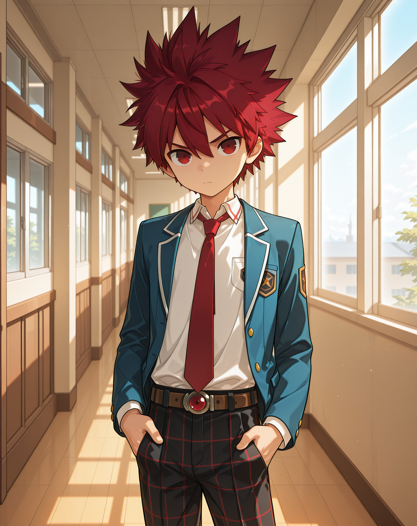 masterpiece,best quality,amazing quality, newest, very aesthetic, absurdres,
1boy, solo, yaoi, male focus, looking at viewer, cowboy shot,
<lora:Elsword_Magic_Knight_ilxl:1> elswordmk, red hair, red eyes, spiked hair,
school uniform, white shirt, collared shirt, blue jacket, red necktie, black pants, plaid pants,
indoors, school, hallway, window, day, sun,