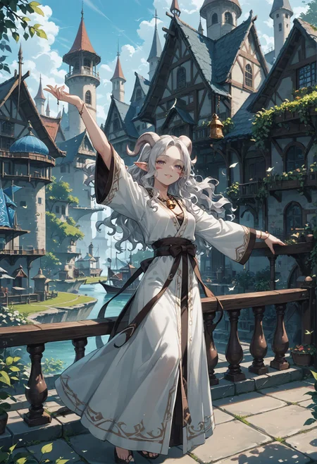 score_9, score_8_up, score_7_up, best quapoty, highres, absurdres, source_anime, 1girl, tiefling_bard_diana, red whisker_markings, silver long wavy hair, bell necklace, short pointy ears, purple eyes, robe, <lora:Test_Diana:0.6>, Balancing on a fence or railing, arms outstretched, showcasing confidence and fearlessness., Wizard's laboratory filled with bubbling potions and mystical experiments,