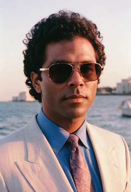 MiamiVice, Rico Tubbs, man, suit, tie, shades, closeup, seaside, sunset, outdoors, highly detailed, 4K, ((stylish grainy analog 35mm film photo))