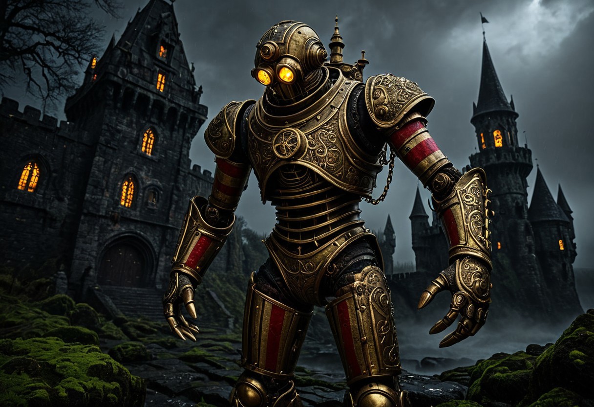 giant bipedal robot brass and dirty red/yellow candy striped paint, bronze paisley robot. lacy robot metal. diving helmet torso head. outside of a steampunk keep. large detailed torso. dark image. one forty foot tall ancient robot with great arms and two heavy spring legs. dark foggy night background. $dark foggy night image only. dark photo realistic image. steampunk details. cogs, chains and pipes incorporated in the fantasy buildings. magic wizards tower in background. Dark swamp, moss, castle ruins, wizards tower. stormy dark night. stormy sky. rain. no head