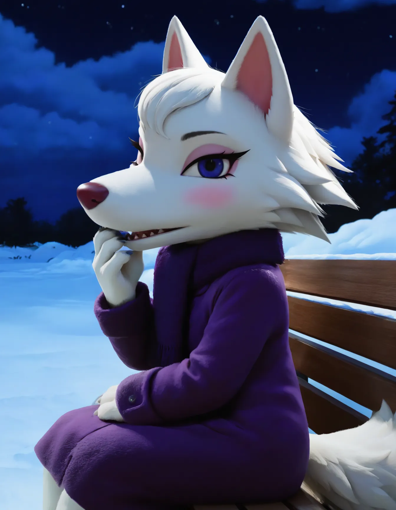 realistic, detailed, photo, detailed fur, realistic fur, detailed background, detailed, sharp lighting, beautiful lighting, detailed background, (masterwork, masterpiece, best quality, hyper-detailed, 8k uhd), newest, vivid color, saturated, anthro, furry, BREAK, whitneyc, wolf, white fur, flat chest, 1girl, female, solo, night, winter, purple coat, winter coat, purple scarf, three-quarter view, from side, sky, night sky, stars, clouds, trees, snow covered trees, snow, mouth closed, blue eyes, maroon nose, anthro, furry, fluffy, tufts, tail, sitting, park bench, talking, looking at viewer, amused, blush, touching face, laugh,
<lora:Whitney_v2Noob3s96:1>