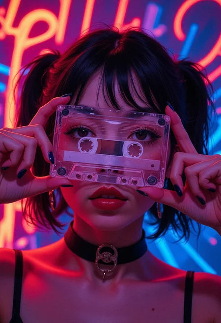 A close-up of a woman holding a transparent cassette tape in front of her face. The cassette is positioned perfectly in the center, directly in front of her eyes, obscuring her facial features. Her nails are painted dark blue, and she is gripping the edges of the cassette with both hands. The womanâs lips are painted dark, and she is wearing a black choker with a silver ring in the center. Her hair is styled into short black pigtails, with some strands falling over her forehead. The lighting is vibrant and neon, casting shades of red, blue, and purple across her face, hands, and the cassette tape. The background is a mix of abstract neon lights, featuring bold and glowing red and blue lines, creating a dynamic, futuristic atmosphere. <lora:FLUX-daubrez-DB4RZ:0.8> DB4RZ, DB4RZ style painting, <lora:ILLUSTRATION_2_FLUX v2:0.53>