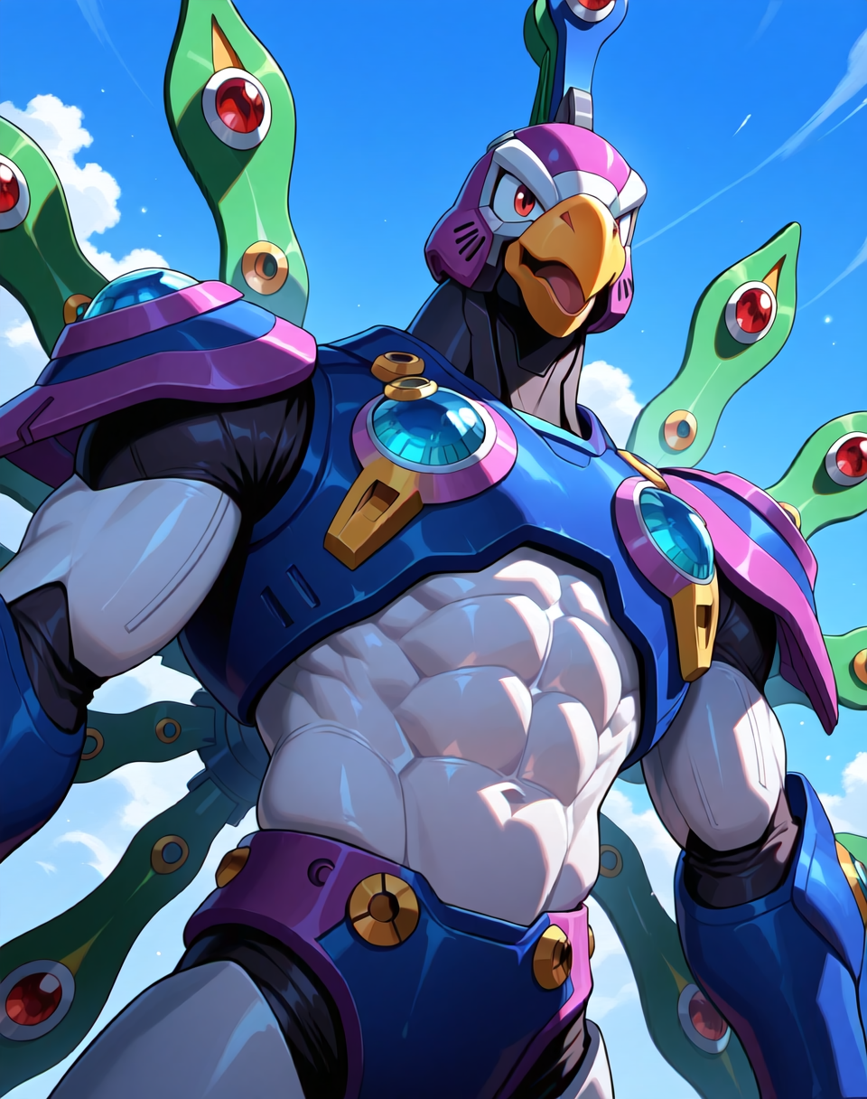 <lora:Cyber_Peacock_(Mega_Man_X)_(Illustrious)_(AD):1> Cyber Peacock, reploid, MMX, 
exterior, blue sky with clouds,
male focus, intense shadows, dynamic shadows, intricate details, attention to details, gradient coloring, bright vivid colors, robot, beak, abs, cowboy shot, hyper muscular, 
BREAK very awe, masterpiece, best quality, amazing quality, very aesthetic, highres, absurdres, 
EZRealPONYXL, zPDXL, Smooth Quality, lazynsfw,