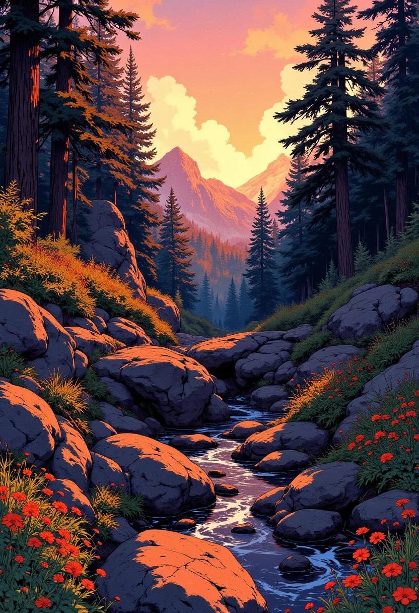 image of a rugged forest clearing with eroded rocks, wildflowers and shrubs, surrounded by tall fir trees, sunset, j_art