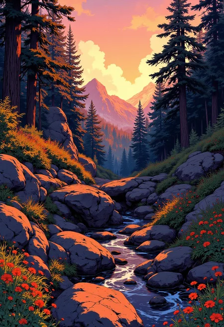 image of a rugged forest clearing with eroded rocks, wildflowers and shrubs, surrounded by tall fir trees, sunset, j_art