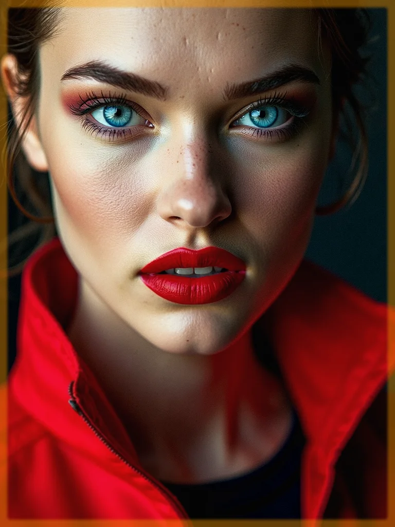 Extreme close-up portrait of a female face with a striking, intense gaze and dramatic lighting, vibrant blue eyes that capture the light, detailed skin with visible skin pores, lips painted with a bold red lipstick, brows naturally framing her expressive eyes, strong lighting bringing out the detailed texture of her skin, wearing a vivid red jacket that contrasts with her pale complexion, background subtly blurred to focus on her facial features, creating a powerful and dramatic visual impact, <lora:detailed_skin_portraits-000005:0.6>