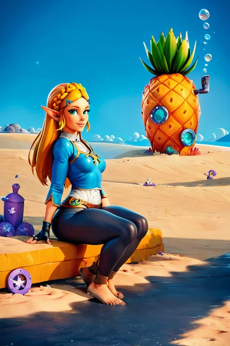 score_9, score_8_up, score_8, medium breasts, (curvy), cute, eyelashes, ,,, sitting on bench, side view, smile, looking at viewer, ,,, princess zelda, long hair, crown braid, hairclip, pointy ears, blue shirt, long sleeves, fingerless gloves, black gloves, black pants, tight pants, green eyes, ,,, cowboy shot, BREAK, (PineappleUnderTheSea:1), sky, day, no humans, sand, bubble, road, embedding:zPDXL, <lora:PineappleUnderTheSeaPDXL:0.8>, <lora:CatalystStylePDXL:0.6>, <lora:SDXLFaeTastic2400:0.5>,