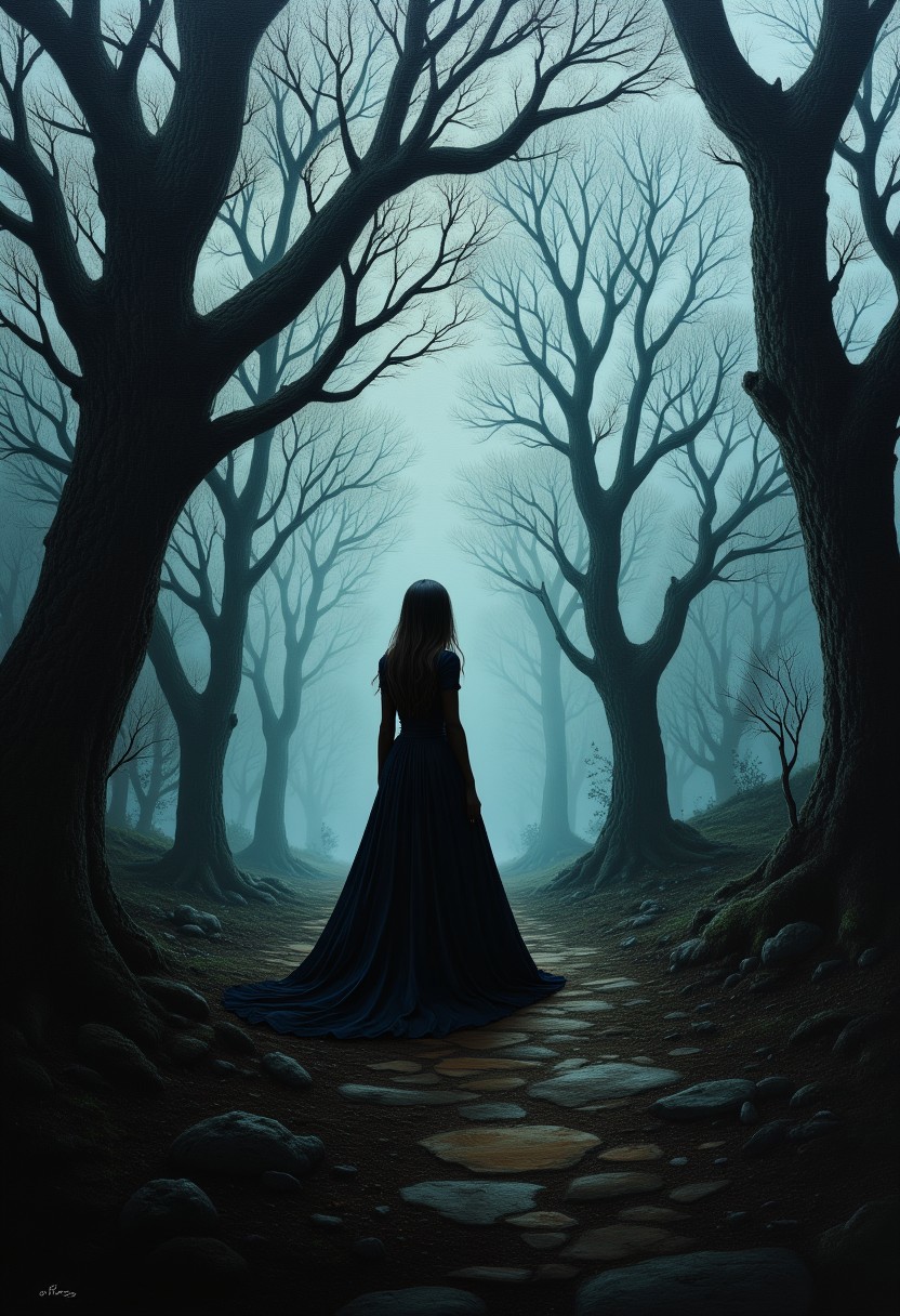 Old dark forest, wilds, oak grove, mysticism, fog, high and menacing, oil painting, detailed, soft brush strokes dark and mysterious atmosphere, Beksinski painting, Bernie Wrightson, artstation trends, horror film, creepypasta" Beautiful cinematic impressionistic painting, Dark Gloomy Creepy Character, in the style of Jeremy Mann and Charles Dana Gibson, Mark Demsteder, Paul Hedley. ultra HD 8k, photorealism, ultra detail, 8k/bipoc women, creepy woman, photonegative refractograph --ar 8:10 --v 6.0.ideal anatomy of the body, photonegative refractograph --ar 3:5 - -from 50.