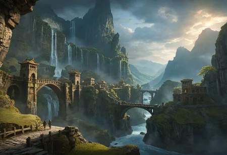 masterpiece, best quality, ultra detailed, professional light, cinematic lighting, ambient lighting, atmospheric effects, epic landscape, fantasy city, ruins, waterfall, mountains, cliff, bridge, Kintsugi, path, clouds