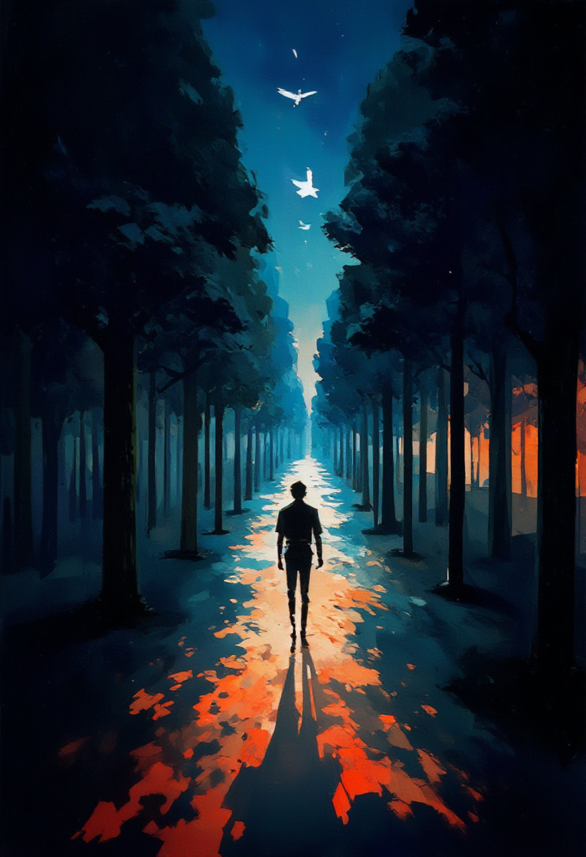 A digital projection art piece in a darkened gallery, where light and shadows form  an interactive fantasy landscape that shifts as you walk through it. Trees grow  and fade, and mythical creatures like phoenixes and unicorns emerge from the darkness  and dissolve into light. The colors are vivid, and the style combines elements of  fantasy landscape art with contemporary digital and installation techniques. It  feels immersive, like stepping into an ever-changing world of fantasy that adapts  to your movement, creating an experience rather than a static piece.