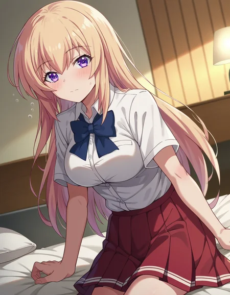 score_9, score_8_up, score_7_up, source_anime,
honamiichinose, <lora:honami-ichinose-s2-ponyxl-lora-nochekaiser:1>
honami ichinose, long hair, blonde hair, purple eyes, hair between eyes,
skirt, bow, school uniform, pleated skirt, bowtie, blue bow, red skirt, collared shirt, white shirt, short sleeves,
indoors, bed, bed room, on side, blush, drunk,
looking at viewer, dutch angle, cowboy shot