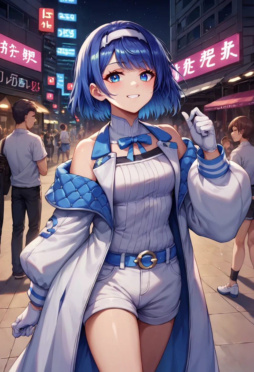 score_9, score_8_up, score_7_up, score_6_up, score_5_up, score_4_up, anime source,
<lora:SuzukiTsudumi_PONY_V2:0.9>suzukitsudumi, 1girl, bangs, headband, bow, blue hair,
white dress, long sleeves, short hair, off shoulder, puffy sleeves, shirt, shorts, white shorts, smile, white footwear, white gloves, hood,
Night, Cyberpunk, Cybercity, Crowd, Street, Illuminations, Signs, Walking, Solo Focus, Upper Body,