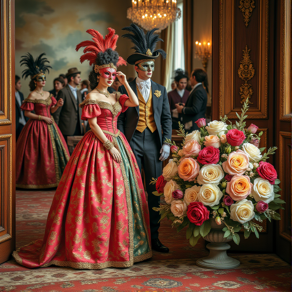 Miniature diorama of a masquerade ball next to a bouquet of roses, detailed digital illustration of a masquerade ball held in a palace, 19th century, colorful dresses, masks, well-dressed women, glamorous, lascivious and somewhat decadent atmosphere, <lora:Flux.1_Turbo_Detailer:0.7>, <lora:Diorama_Flux:0.8>