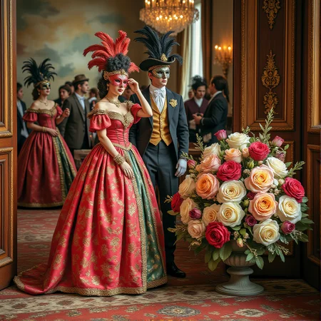 Miniature diorama of a masquerade ball next to a bouquet of roses, detailed digital illustration of a masquerade ball held in a palace, 19th century, colorful dresses, masks, well-dressed women, glamorous, lascivious and somewhat decadent atmosphere, <lora:Flux.1_Turbo_Detailer:0.7>, <lora:Diorama_Flux:0.8>
