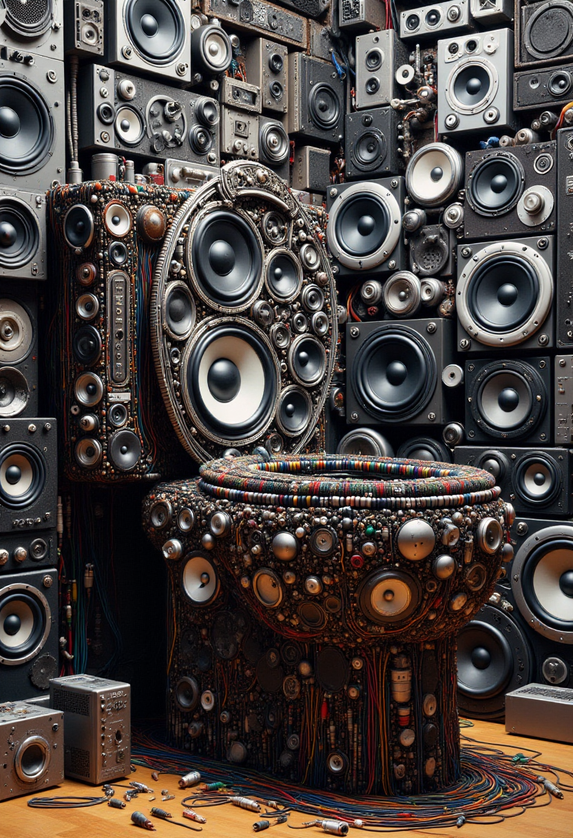 <lora:Audio_Artisan_FLUX:0.9>
Realistic photo of a toilet  made entirely of various electronic components and audio equipment.