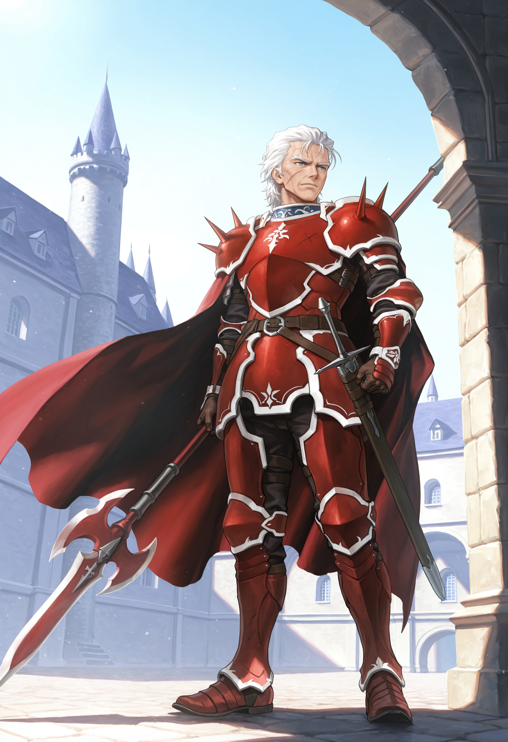 masterpiece,extreme detailed,SmoothNoob_Quality,day,outdoors,castle,full body BREAK jagen_(fe),1boy,white hair,blue eyes,(old man:0.9),scar,red armor,cape,spikes,<lora:jagen_(fe)-IL:1>,holding polearm,<lora:NOOB_vp1_detailer_by_volnovik_v1:1>,