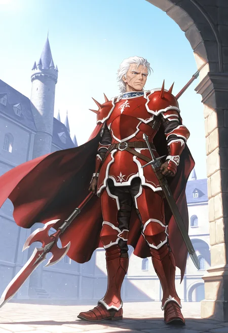 masterpiece,extreme detailed,SmoothNoob_Quality,day,outdoors,castle,full body BREAK jagen_(fe),1boy,white hair,blue eyes,(old man:0.9),scar,red armor,cape,spikes,<lora:jagen_(fe)-IL:1>,holding polearm,<lora:NOOB_vp1_detailer_by_volnovik_v1:1>,