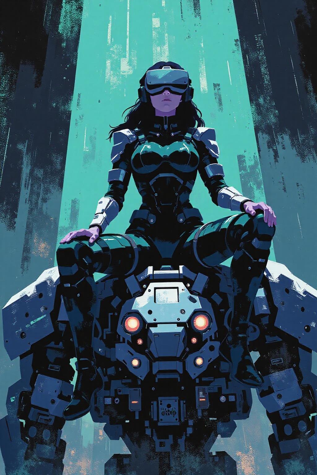 i11ustmin Illustration A striking, futuristic scene depicts a woman dressed in sleek, form-fitting leather attire, sitting confidently atop an open power suit, inspired by the cyberpunk aesthetics of Masamune Shirow. The power suit, a blend of advanced technology and military-grade armor, features intricate mechanical details, exposed wiring, and a robust, yet streamlined design. The woman, wearing a cutting-edge VR headset, exudes a sense of control and mastery over the machine beneath her. Her posture is relaxed yet commanding, with one hand resting on the suit’s metallic surface and the other casually holding a piece of advanced tech. The background is a high-tech industrial setting, with dim lighting that casts dramatic shadows, highlighting the fusion of human and machine. The overall atmosphere is one of futuristic coolness and cybernetic elegance, capturing the essence of Shirow’s iconic   <lora:minimalist_flat_nocap_nbm:1.0> <lora:Flux-Sch-SingleBlocks-BF16:1.0><lora:797952246106058365:0>