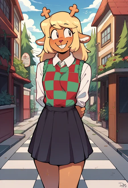 score_9 score_8_up score_7_up score_6_up score_5_up score_4_up source_cartoon noelle holiday deltarune deer anthro white shirt black skirt checkered sweater blonde hair happy smile looking to the side hands behind back urban outdoors <lora:Noelle_Deltarune_PDXL:1> <lora:StS_detail_slider_v1:5>