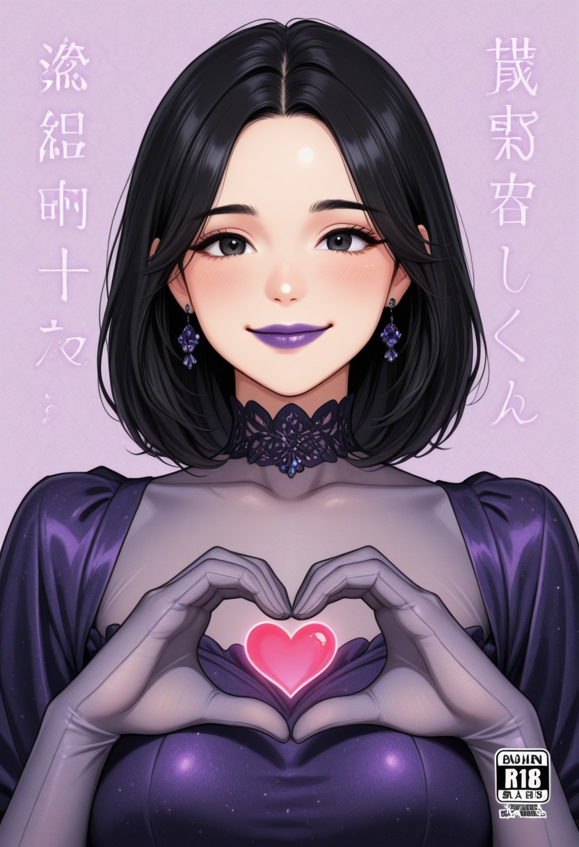 1girl, solo, medium build, medium hair, sfw, safe for work, covered skin, flowy dress, black eyes, purple lipgloss, smiling, portrait, upper body, doujin cover, heart hands, japanese text, gojich