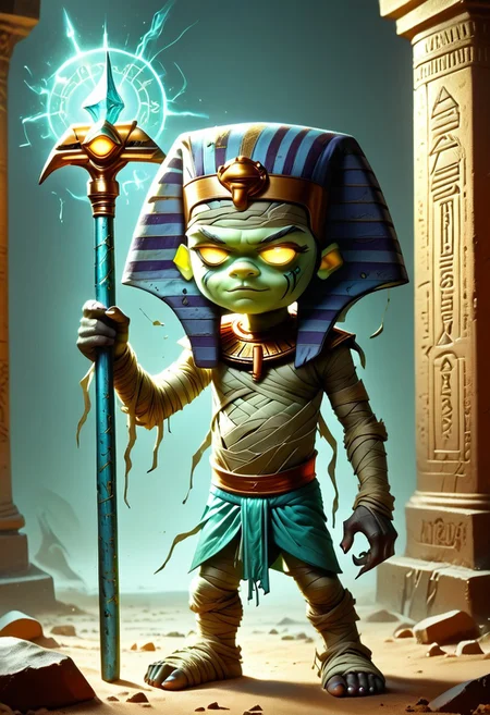 1boy, solo focus, Green Skin, Yellow Eyes, Egyptian Headdress, Mummy, Bandages, Loincloth, holding a staff, egyptianworld, dark aura, dark tomb, ancient Egyptian hieroglyphics, Glowing Runes, dr4maticessence, dramaticessence,