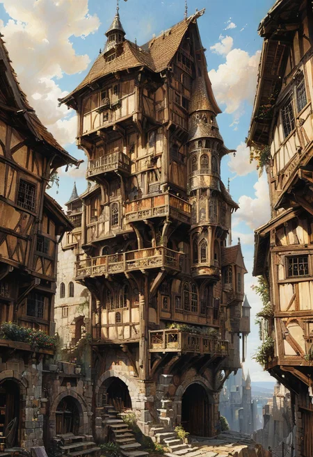 Artwork, anime, An infinitely tall middle ages wooden skyscraper narrow with overhangs to the upper stories and steeply pitched roofs, ramshackle, the atmosphere is bright sunlit and sharp and clear, with many finely detailed scenes seen through windows in the tower,