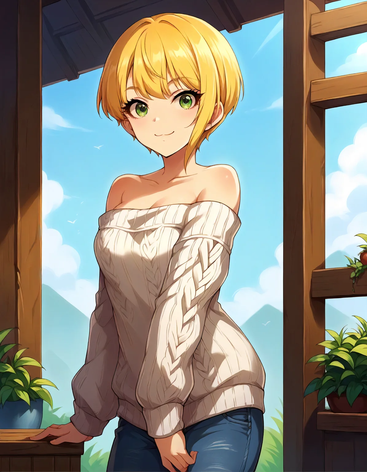 score_9,score_8_up,score_7_up,1girl,solo,cowboy shot,smile,closed mouth,looking at viewer,outdoors,
<lora:miyamotofrederika_ponyXLV6:0.8>,cgmf,
blonde hair,short hair,green eye,
white fur sweater,bare shoulders,denim