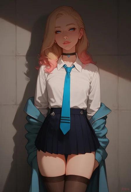 score_9,score_8_up,score_8,score_9,(((pastel colors, high contrast,expressiveh,solo focus, )))((blue eyes,blonde hair,naughty face, straight hair, pale skin,choker, blue tie, white shirt, pleated skirt, thigh highs)) (1girl, small chest, petite, detailed eyes, looking at viewer,standing)