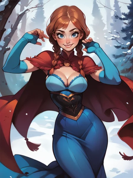 score_9, score_8_up, score_7_up, score_6_up, AnnaXLP undressing, open clothes, bra, cute pose, blue dress, long skirt, elbow gloves, red cape, capelet, corset, twin braids, medium breasts, narrow waist, wide hips, thick thighs, looking at viewer, dynamic pose, smile, cute, solo, cowboy shot, forest, winter, trees, realistic, cute, cartoon, from above,
 <lora:AnnaXLP_character:0.8>  <lora:[GP]Thicc Style XL:0.75>