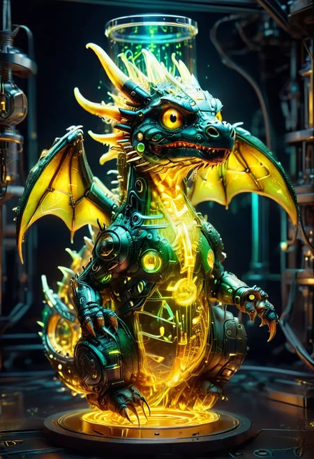 hyper detailed, ultra detailed, photorealism, 8k, cute mini cybernetic acid dragon, amazing quality, cinematic lighting, nuclearhazard, (in a test tube),