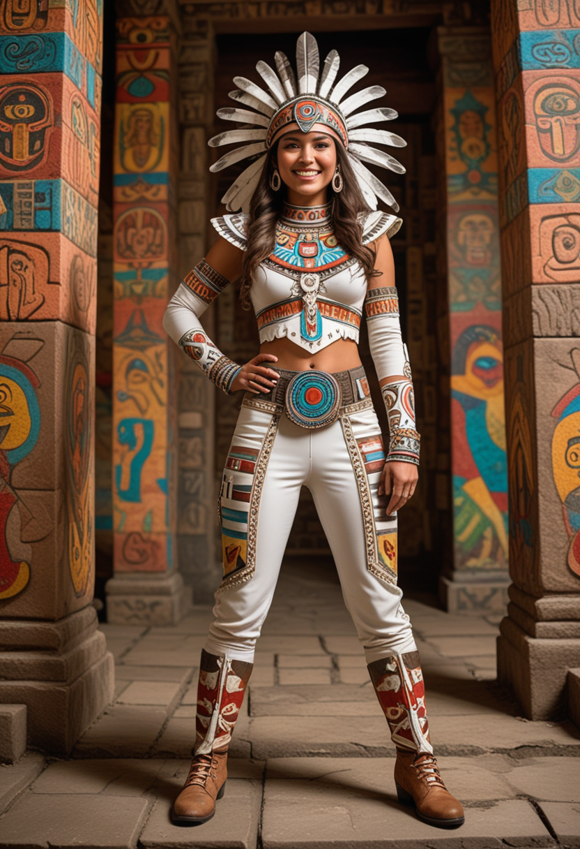 (medium full shot) of (fierce Aztec) young woman, willowy build, wearing an aztec white jaguar warrior suit, warrior pants, ceremonial boots, obsidian dagger, decorative armband, set in the aztec era, in  a sacred temple, with colorful murals, spiritual ambiance, grand stone walls, intricate reliefs, woman smiling, Masterpiece,best quality, photo, realistic, very aesthetic, detailed face,