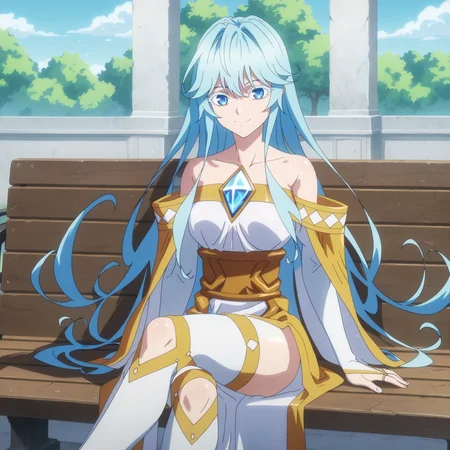 score_9, score_8_up, score_7_up, score_6_up, score_5_up, score_4_up, anime screencap
BREAK
elfaria_olis, 1girl, solo, light blue hair, long hair, colored eyelashes, blue eyes, chest jewel, off-shoulder dress, yellow sash, side cape, bridal gauntlets, pelvic curtain, white thighhighs, looking at viewer, smile, closed mouth, sitting, crossed legs, on bench
BREAK
wind, wind lift, bench
<lora:elfaria_Wistoria_ponyxl_v1_char:1> <lora:elfaria_Wistoria_ponyxl_v1_style:1>