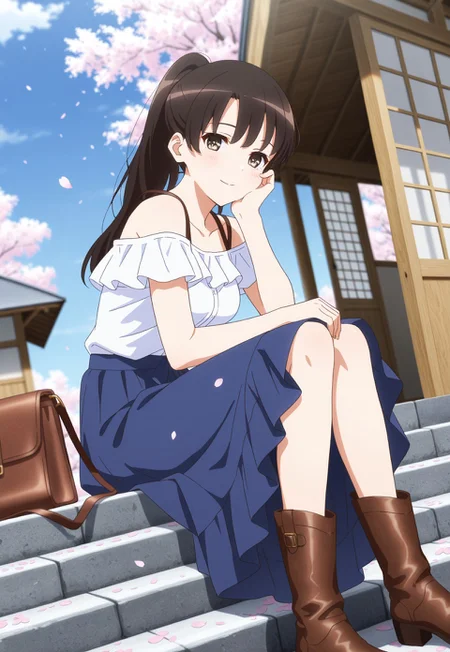 masterpiece,best quality,amazing quality,very aesthetic,absurdres,newest, from 45 degrees, dutch angle,

<lora:megumikatoIL:1>,m3gum1kat0, 1girl,solo,black hair,bangs,Long hair, ponytail,soft,brown eyes,pupils, 

sitting on stone steps, hand resting on cheek, gentle smile, off-shoulder white blouse, long flowing skirt, sky blue skirt, brown leather boots, brown shoulder bag, cherry blossoms tree, cherry blossom petals, traditional Japanese wooden house, bright blue sky, warm and serene atmosphere, springtime setting, looking at viewer,depth of field, simple background 