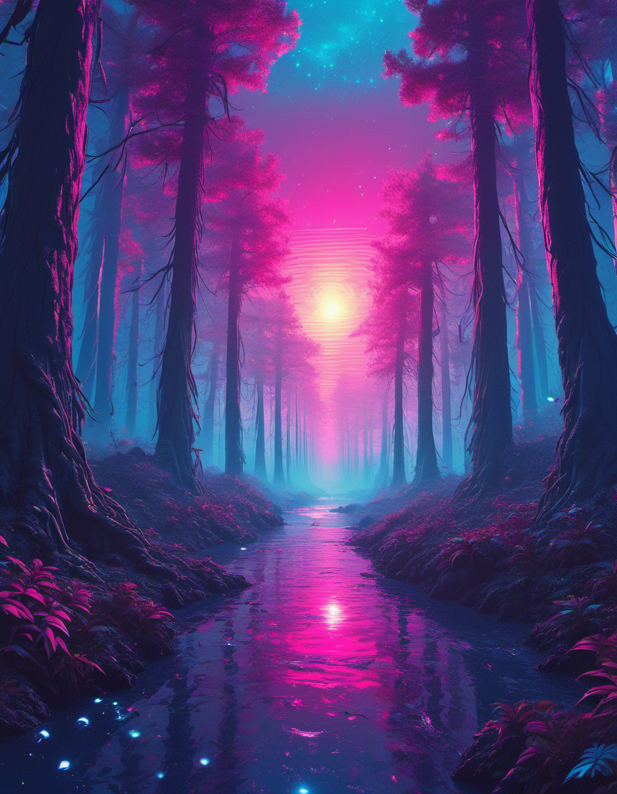 synthwave-galaxy,masterpiece, professional artwork, famous artwork, cinematic lighting, cinematic bloom, breathtaking scenery,painting of a magical forest,<lora:Synthwave_Galaxy:.8>
