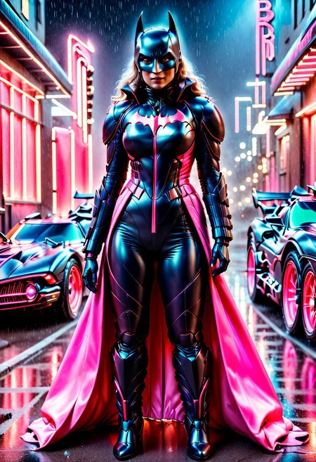 mature female Batman next to pink Batmobile, cinematic, photo, anatomic correct bodies, extremely realistic, lots of detail, full body, hdr, cinematography, raining, epic, night, SilverPulse, fully dressed, p1nk1r1sc4l3s, made out of iridescent scales, 29 years old, Instagram_Influencer_187_By_Stable_Yogi. <lora:coralbugXL:1.6> , coralbugXL, closed suit, high neck closure, fully dressed, long dress, puffer_downsuit.