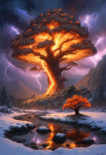 (by Ellen Jewett:1.5), (Fiery orange Bioluminescent Impressionism with lightning, mountain landscape, The Dreamland, Gibson Great Mountains, rock, sky, giant tree, great grand tree on mountains, great fire, great lightning, scenery, great great magical tree, sunset, sunrise , stream, lightining, snow and ice, ethereal landscapes, depth of field, biotech emotion:1.3) <lora:xl_more_art-full_v1:0.5> <lora:add-detail-xl:1> , ral-wlfnte <lora:RMSDXL_Creative:2>