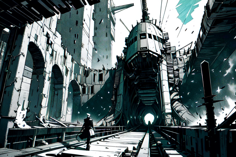 highly insanely detailed, masterpiece, top quality, best quality, highres, 4k, 8k, RAW photo, (very aesthetic, beautiful and aesthetic),  
tsutomu nihei,nihei_tsutomu,blame!,blame gakuen!,abara,TNstyle,sidonia_no_kishi,(lab,sidonia \(ship\),megastructure in background,tunnel,giant room,deep horizon,mausoleum,hangar,city ruins,tower,stairs,space,spacecraft),ventilation fan,ventilation shaft,toha heavy industries,tentacles,dome,gauna,gauna mech,foggy,light particles,concrete walls,metal walls,bridge,drainpipe,letterboxed,machinery,walkway,cables,tubes,industrial pipes,wire,air conditioner,star \(sky\),starry sky,bones,buildings, 
<lora:ABARA:0.7>, 
(1girl:1.3), 
solo focus, 
bright blue-green background,âââ