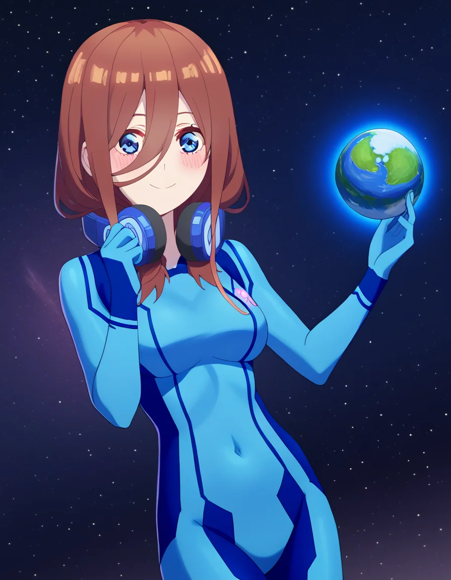 score_9, score_8_up, score_7_up, source_anime, mikunakano, <lora:miku-nakano-s2-ponyxl-lora-nochekaiser:1>, miku nakano, long hair, bangs, blue eyes, brown hair, hair between eyes, headphones, headphones around neck,, <lora:samus-aran-cosplay-ponyxl-lora-nochekaiser:1>, samusarancosplay, samus aran \(cosplay\), blue bodysuit, bodysuit, covered navel, skin tight, zero suit,, space, planet, earth \(planet\), star \(sky\), galaxy, nebula, moon, blush, smile,, cowboy shot, dutch angle, solo,