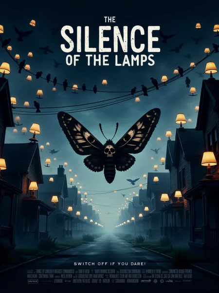 an atmospheric and eerie movie poster filled with dozens of small table lamps of various designs, they are perched ominously on roofs and along transmission lines as if they were birds, the movie title text: "The Silence of the Lamps" with credits on the bottom, the scene is set in the middle of a quaint suburban street at night, in the foreground, a large beautiful skull moth is flying towards the viewer with spread out wings, eerie atmosphere, surreal, elongated shadows, the tagline beneath the title reads, "Switch off if you dare!", the color palette is dark, with deep blues and blacks, punctuated by sharp, glowing yellows from the lamps, blending suspense with absurdity in a visually striking composition, volumetric fog, <lora:image_enhancer-flux-by_dever:0.8>